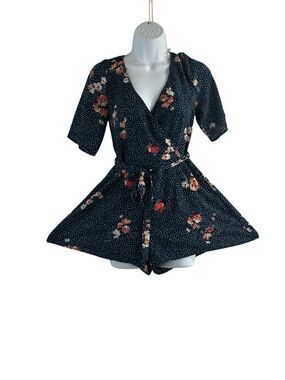 Trixxi Navy Polka Dot Floral Romper – Soft Girl Boho, Wrap Front, Tie Waist (S)